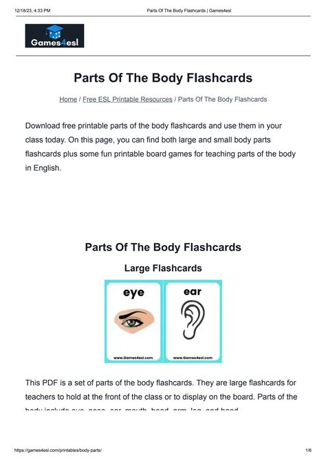 Solution Parts Of The Body Flashcards Games4esl Studypool