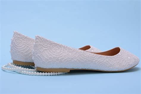 White Lace Flat For Wedding Bridal Shoes With Pearls Covered With Lace