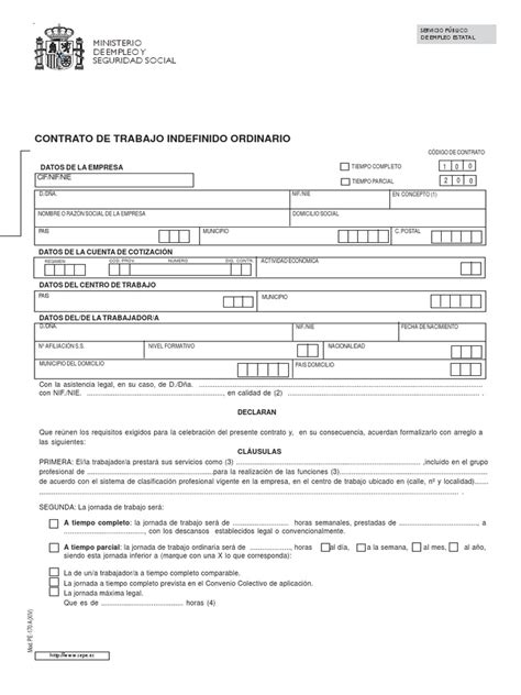 Modelo Contrato De Trabajo Indefinido Ordinario Tiempo De Trabajo