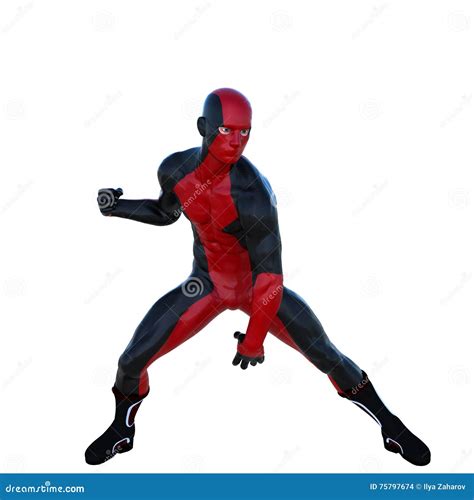 One Young Superhero Man With Muscles In Red Black Super Suit Stock