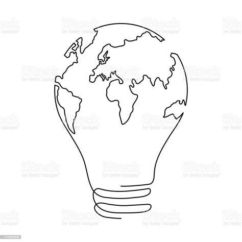 Bola Lampu Dengan Bola Bumi Satu Gambar Garis Kontinu Ilustrasi Stok