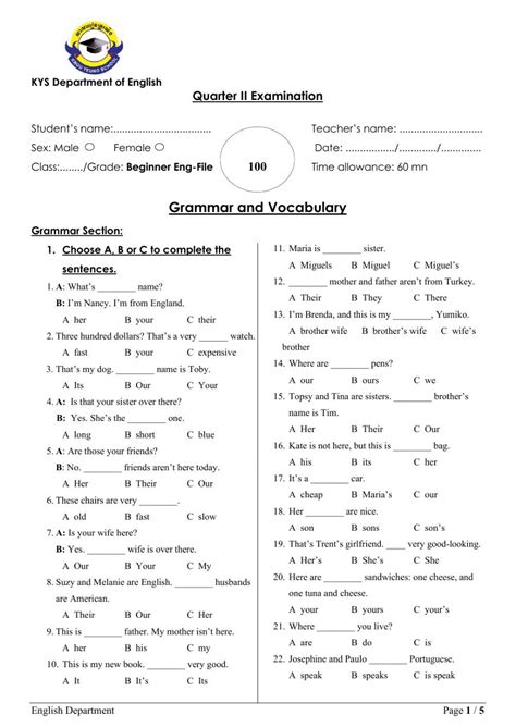 Grade3 English File Grammar Test Worksheet Grammar And Vocabulary