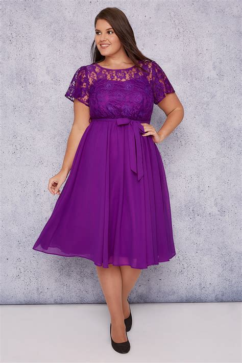 Scarlett And Jo Purple Midi Dress With Lace Top And Pleated Skirt Plus