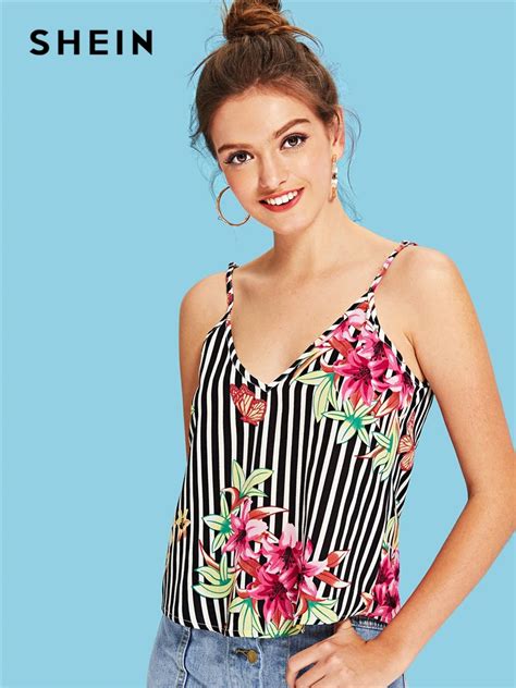 Buy Shein Multicolor Vacation Boho Bohemian Beach Floral And Striped Print Cami