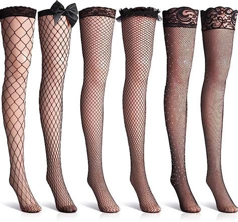 Satinior 6 Pairs Fishnet Thigh High Stocking Lace Top Over The Knee