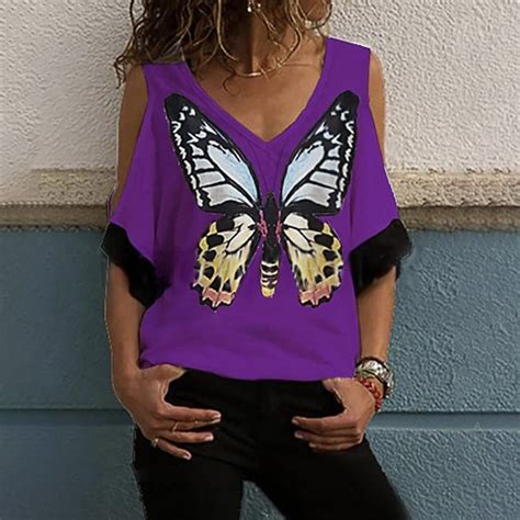 Us 1509 Fashion Butterfly Print Blouse Cold Shoulder Sexy V Neck