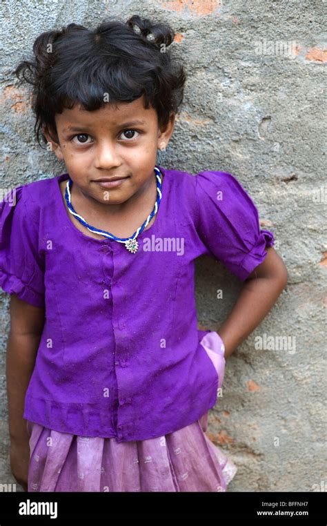 Small Indian Village Girl Wearing Purple Portrait Andhra Pradesh