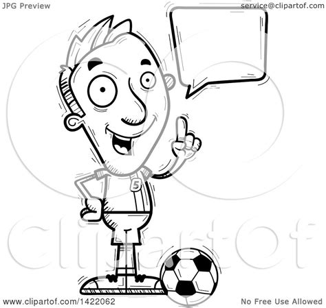 Clipart Of A Cartoon Black And White Lineart Doodled Male Soccer Player