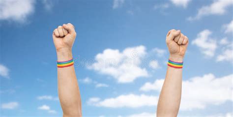 Hands With Gay Pride Rainbow Wristbands Shows Fist Stock Image Image Of Human Adult 115063961