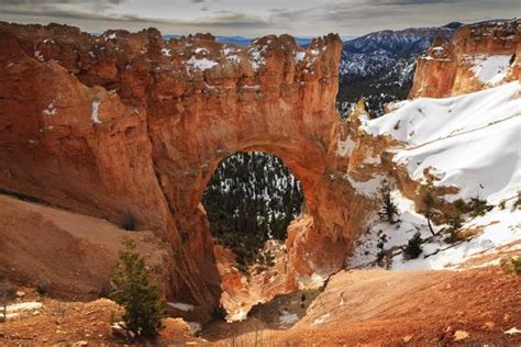 Red Hued Limestone Arch Lit By Morning Sun With Snowy Cliffs In Winter