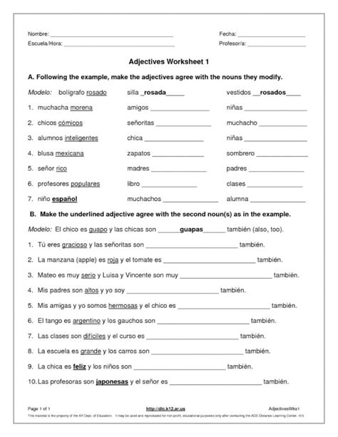 Adjective Noun Agreement Spanish Adjectives Worksheet As — Db