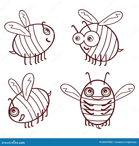 Set Cartoon Outline Cute Bees Isolated On White Background Vector