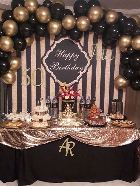 You only celebrate your 50th once! Black and gold birthday buffet | Gold birthday decorations ...