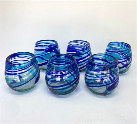 6 Hand Blown Stemless Wine Glasses Blue And Turquoise Swirl Etsy