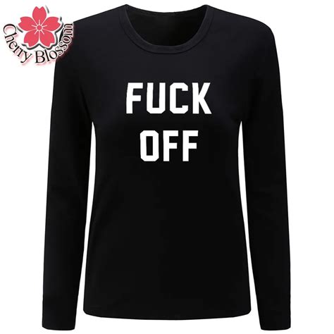 Cherry Blossom Ladies Tops Long Sleeve O Neck T Shirt Women Fuck Off Letter Printed Cotton Tee