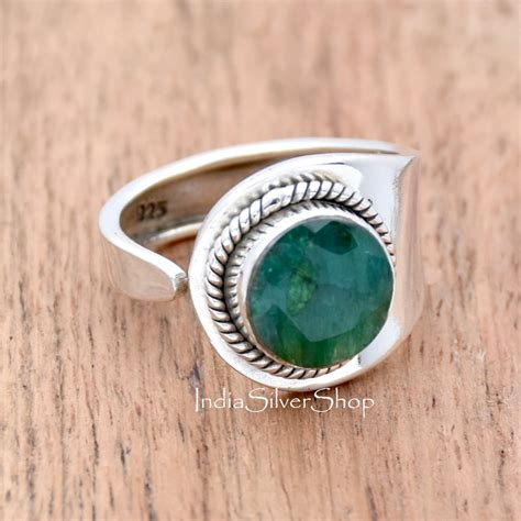 Indian Emerald Ring 925 Sterling Silver Ring Round Gemstone Etsy