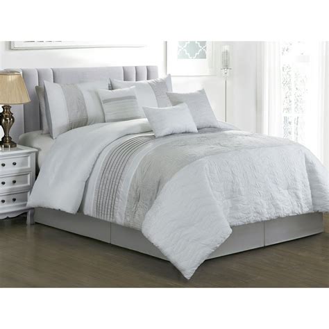 7 Pc Keani Quilted Abstract Wavy Lines Embroidery Pleated Comforter Set White Gray Queen