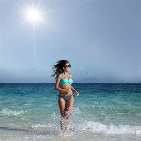 Woman In Bikini Run To Beach Stock Photo Image Of Lifestyle Woman