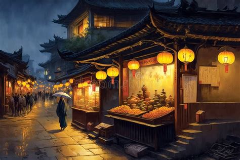Illustration Of East Asian Evening Street Fair Chinese Nightlife Stock