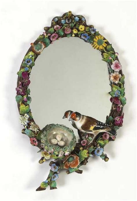 Early 20th C Porcelain Floral Mirror W Nesting Bird