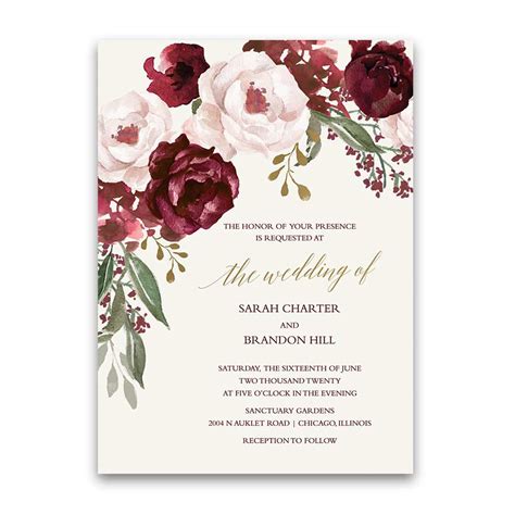 Burgundy Roses Invitation Floral Wedding Invitation Elegant Burgundy