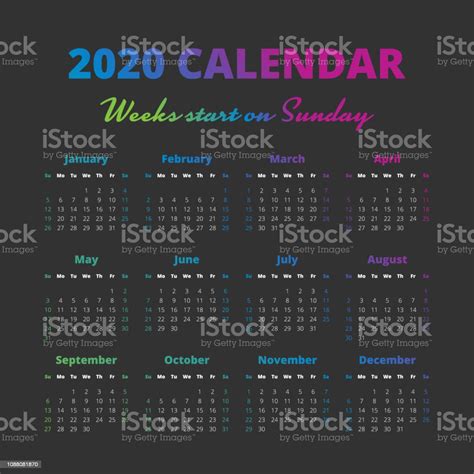 Simple 2020 Year Calendar Weeks Start On Sunday Stock Illustration