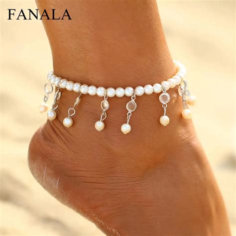 imitation layered women pearls rhinestone anklets blue eye beach chain anklets in anklets from