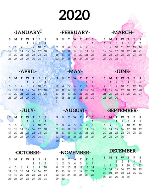 Print the whole year or one specific month. 2020-Printable-Calendar-One-Page-watercolor-calendar - YesMissy