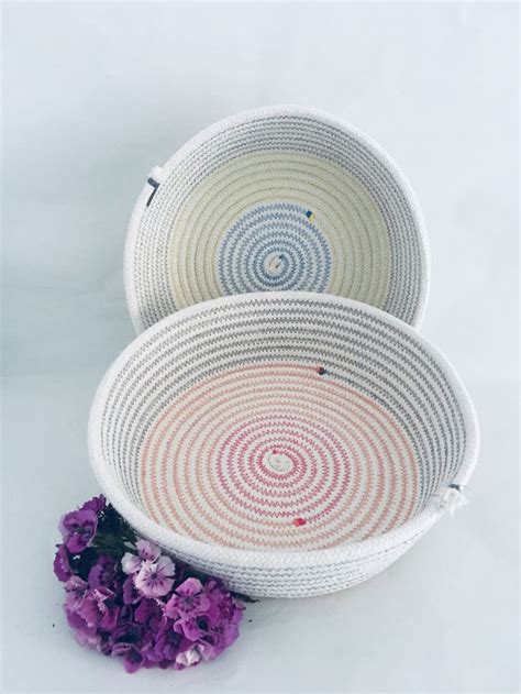 Round Rope Basket Set Of 2 Multi Coloured Thread Rope Cotton Etsy In