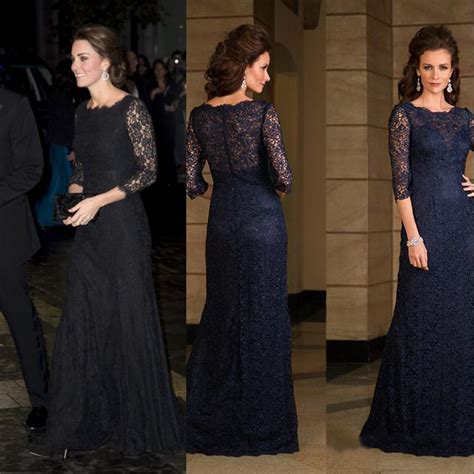 Kate Middleton Black Lace Evening Dress Vestidos Three Quarter Sleeve
