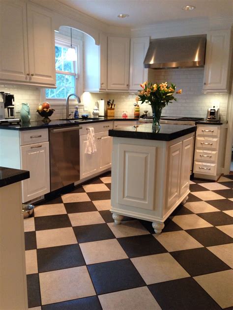 Black And White Kitchen Milky Way Granite Checker Board Floor Gray And