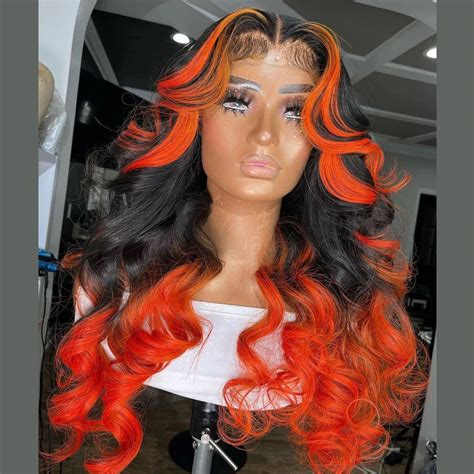 Body Wave Skunk Stripe Orange Highlight With Black Ombre Color Lace