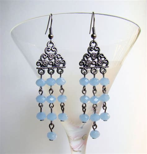 Chandelier Earrings Gunmetal Tone Earrings With Sky Blue Glass Beads