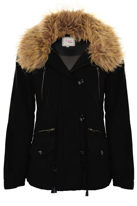 Ladies Faux Fur Trim Lined Warm Winter Womens Short Parka Jacket Coat