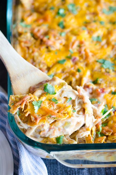 Near the end of cooking, remove and top with the remaining chips. Easy Cheesy Chicken Dorito Casserole