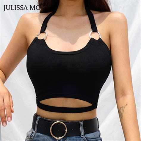 Aliexpress Com Buy Julissamo Sexy Halter Hollow Out Crop Top Women Black Backless Lace Up Tank