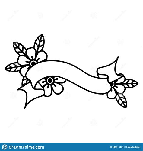 Black Line Tattoo Of A Banner And Flowers Stock Vector Illustration
