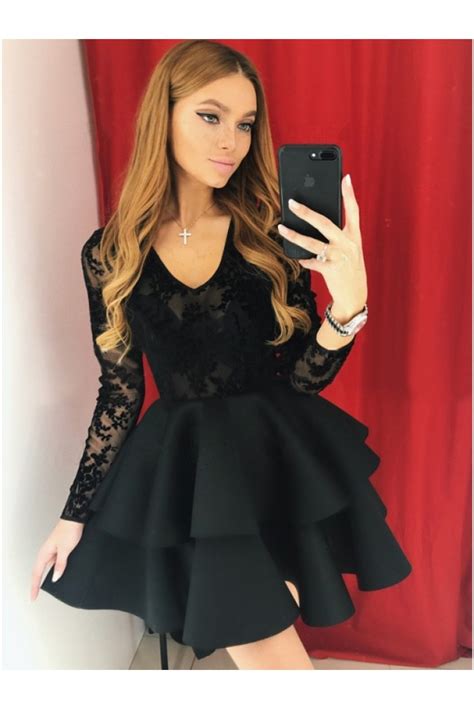 Short Black Prom Dress Long Sleeves Lace Homecoming Graduation Cocktail