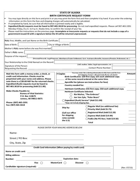 Birth Certificate Request Form Alaska Free Download