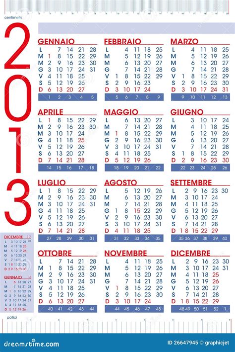 2013 Calendar In Italian With Rulers Stock Vector Illustration Of