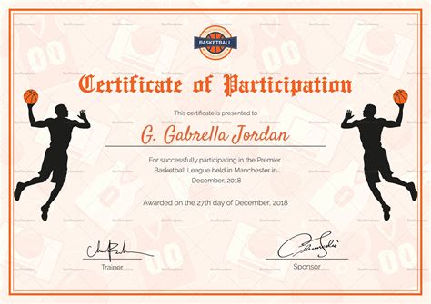 Certificate Of Basketball Participation Design Template In Psd Word