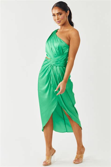 Satin Lime One Shoulder Pleated Midi Dress And Lime Lush