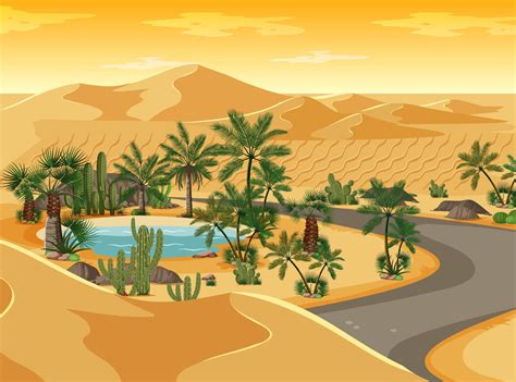 Desert Oasis With Long Road Landscape Scene 1418790 Vector Art At Vecteezy