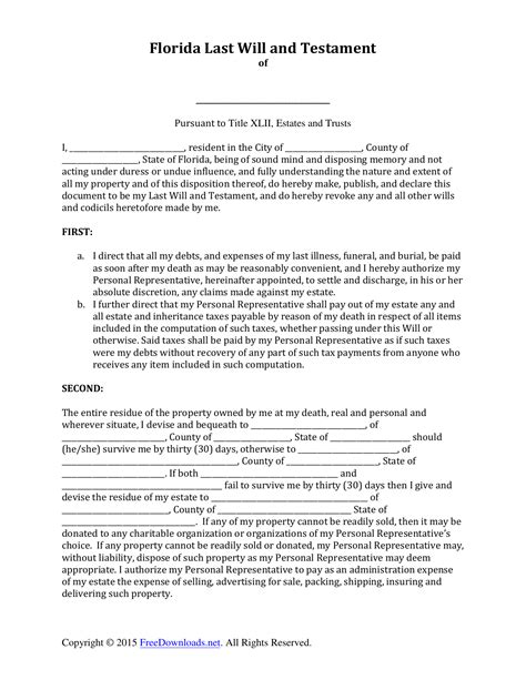 Free law summaries and previews. Download Florida Last Will and Testament Form | PDF | RTF | Word | FreeDownloads.net