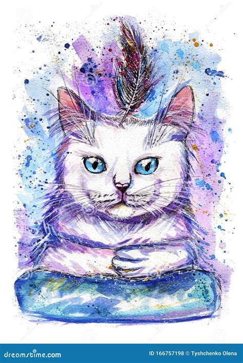 Retrato De Gatos Con Plumas Dibujado A Mano Stock De Ilustración