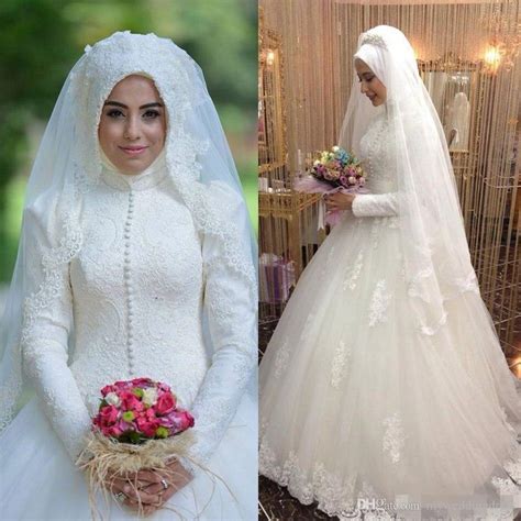 Modest Islamic Muslim Wedding Dresses With Detachable Over Skirts Long Sleeves High Neck Lace