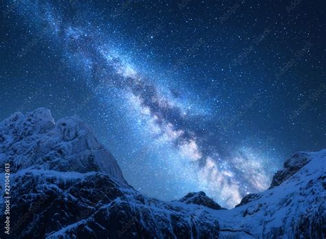 Milky Way Above Snowy Mountains Space Fantastic View With Snow