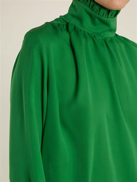 Gucci Ruffle Trimmed High Neck Silk Blouse In Green Lyst