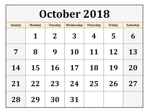 October 2018 Calendar To Print Word Excel Calendar Printables