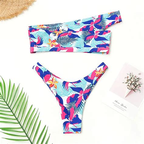 Belleziva Single Shoulder Biquinis Bikini Set Brazilian Biquini Print